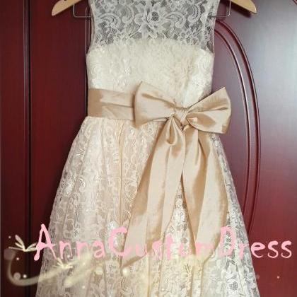 Scoop Ankle-length Champagne Lace Flower Girl..