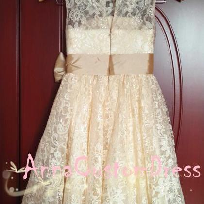 Scoop Ankle-length Champagne Lace Flower Girl..