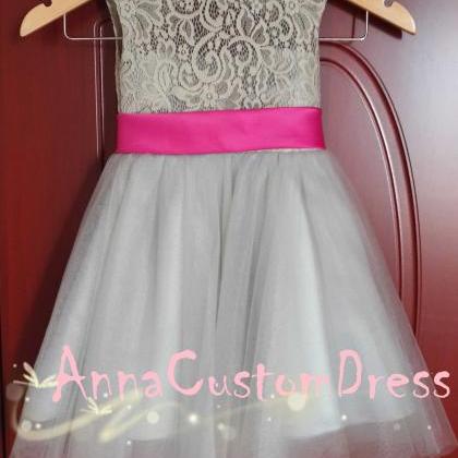 Scoop Ankle-length Light Grey Lace Tulle Flower..