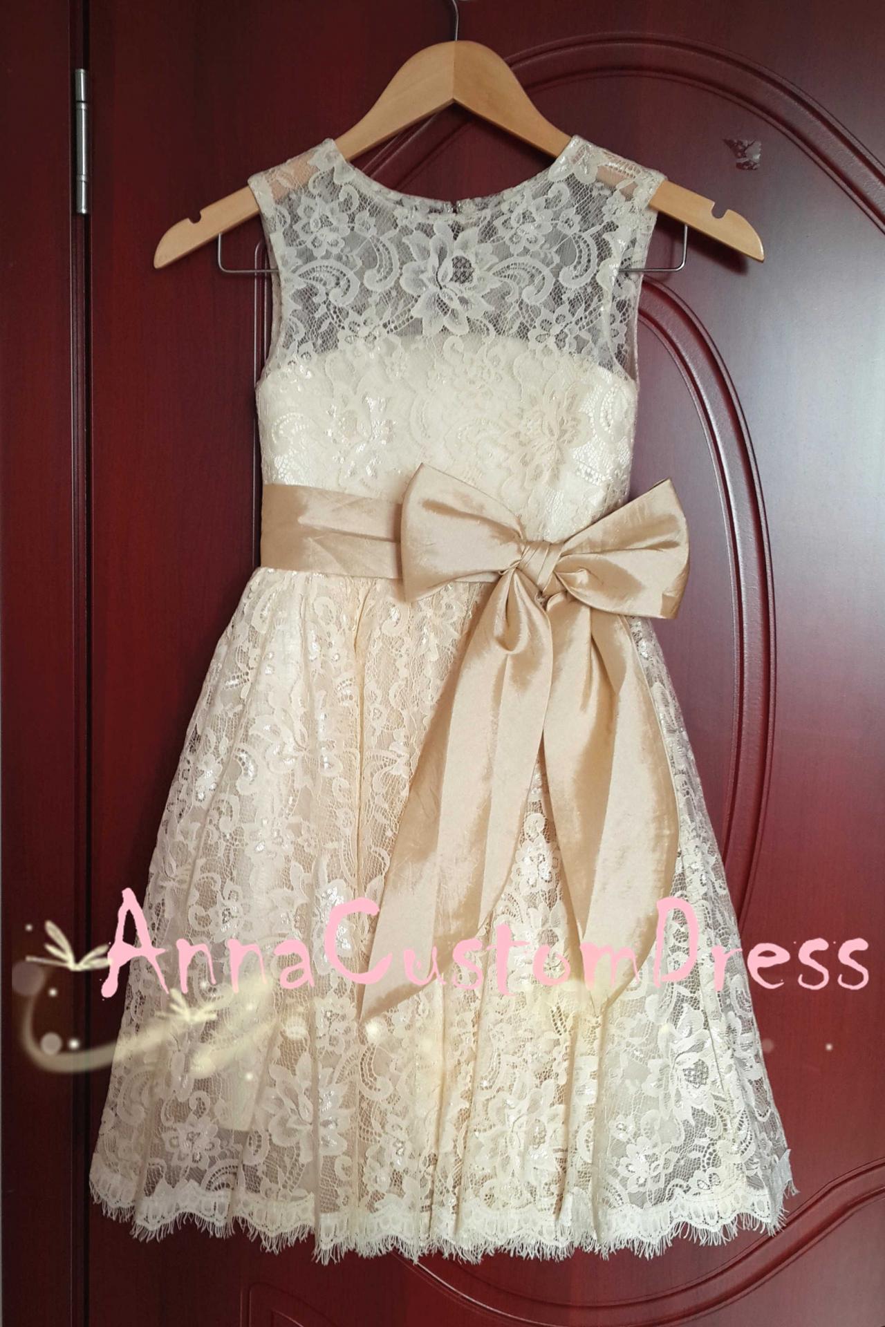 Scoop Ankle-length Champagne Lace Flower Girl Dress