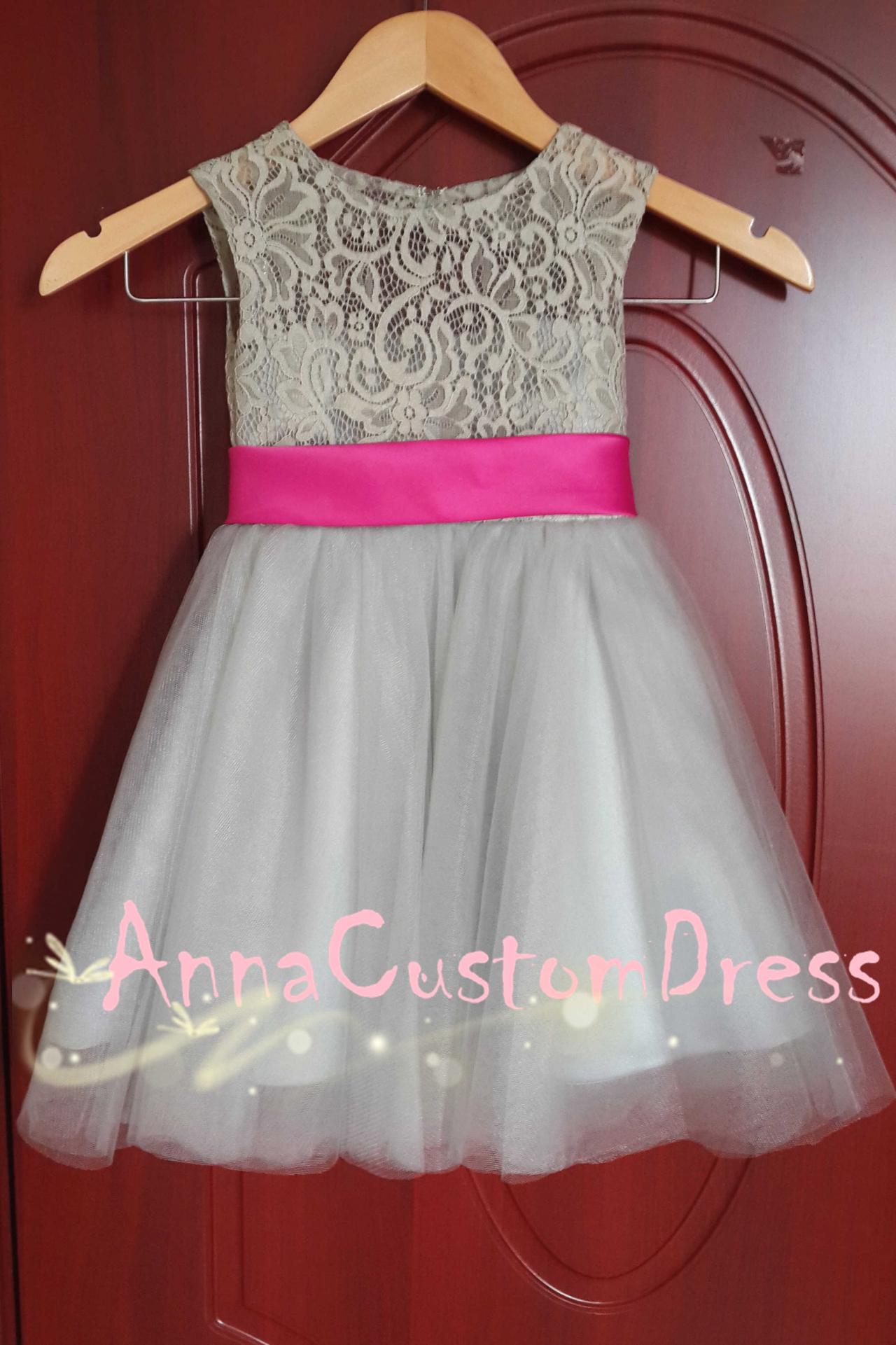 Scoop Ankle-length Light Grey Lace Tulle Flower Girl Dress With Fuchsia Bow