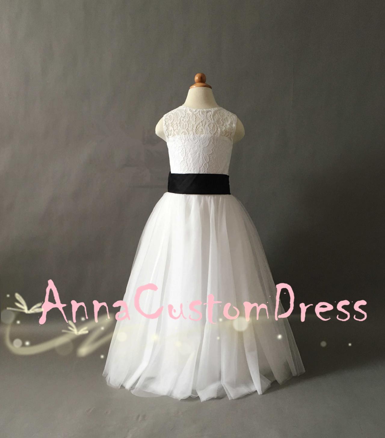 Scoop Floor-length Ivory Lace Tulle Flower Girl Dress With Black Bow