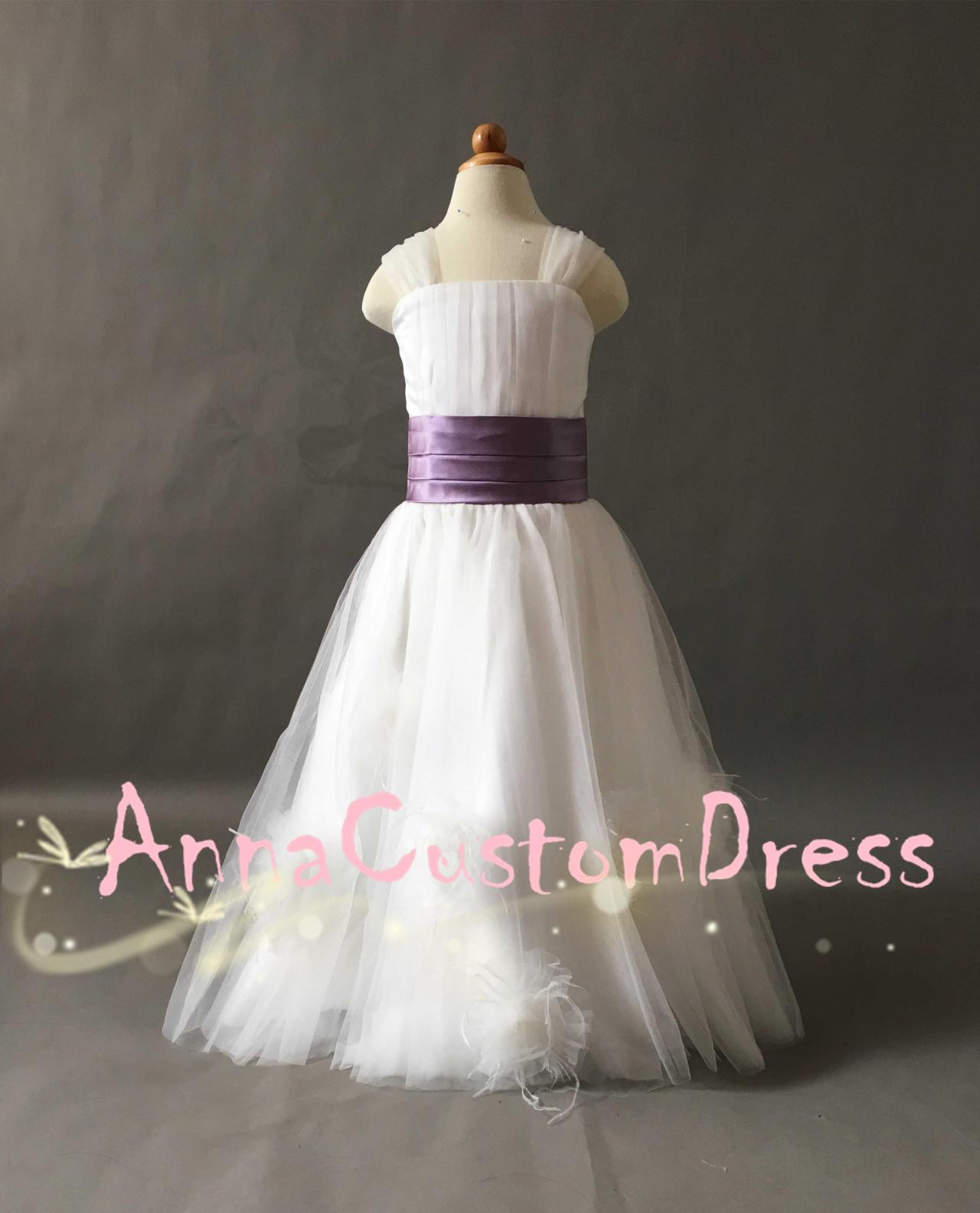 Straps Floor-length Ivory Tulle Flower Girl Dress With Light Purple Sash