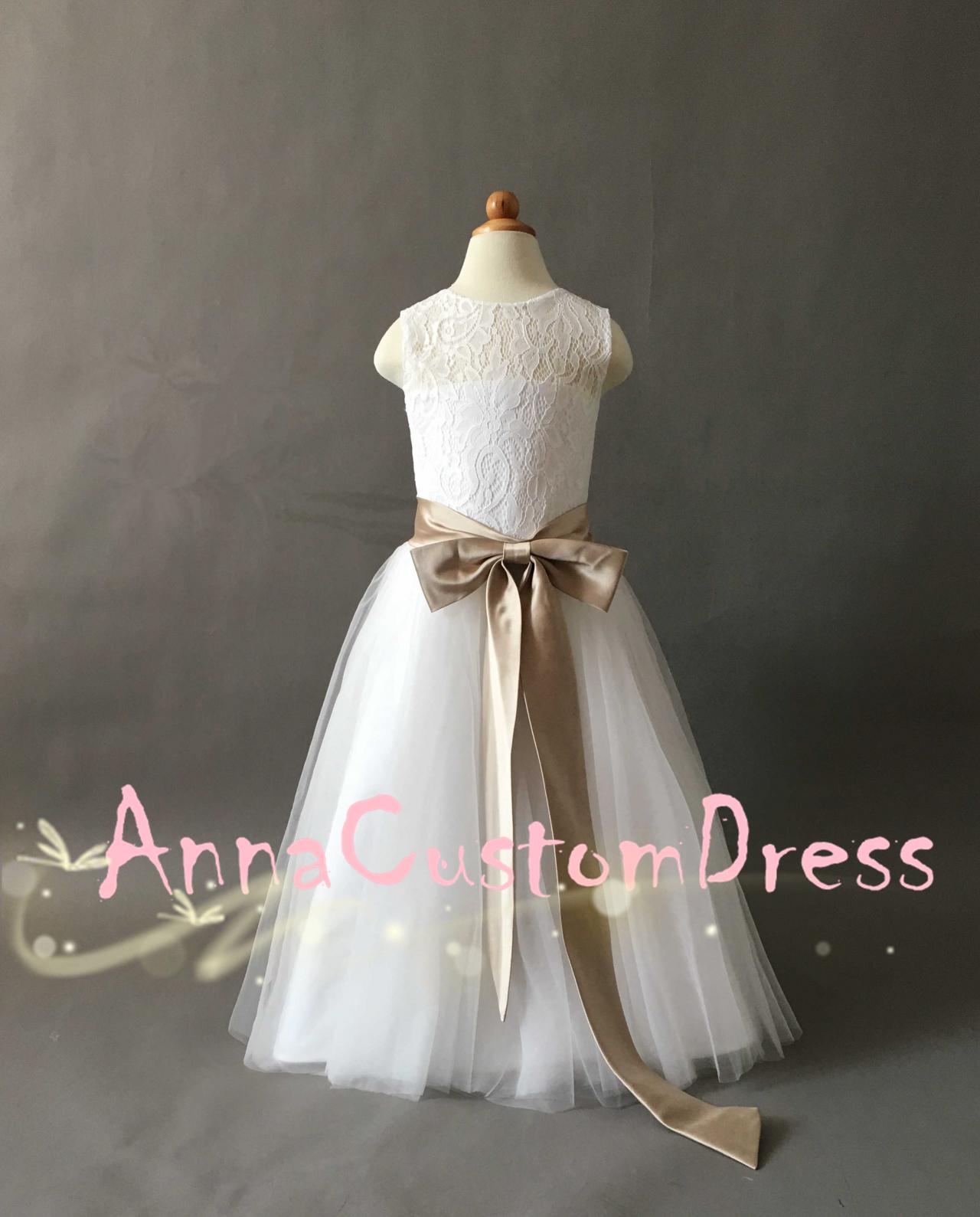 Scoop Floor-length Ivory Lace Tulle Flower Girl Dress With Champagne Sash