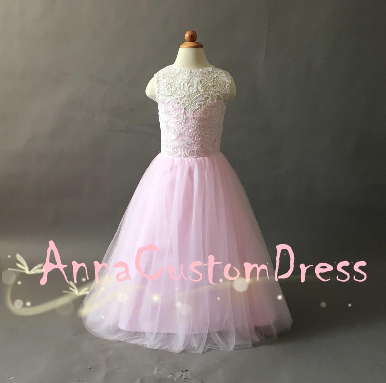 Scoop Floor-length Ivory Lace Pale Pink Tulle Flower Girl Dress