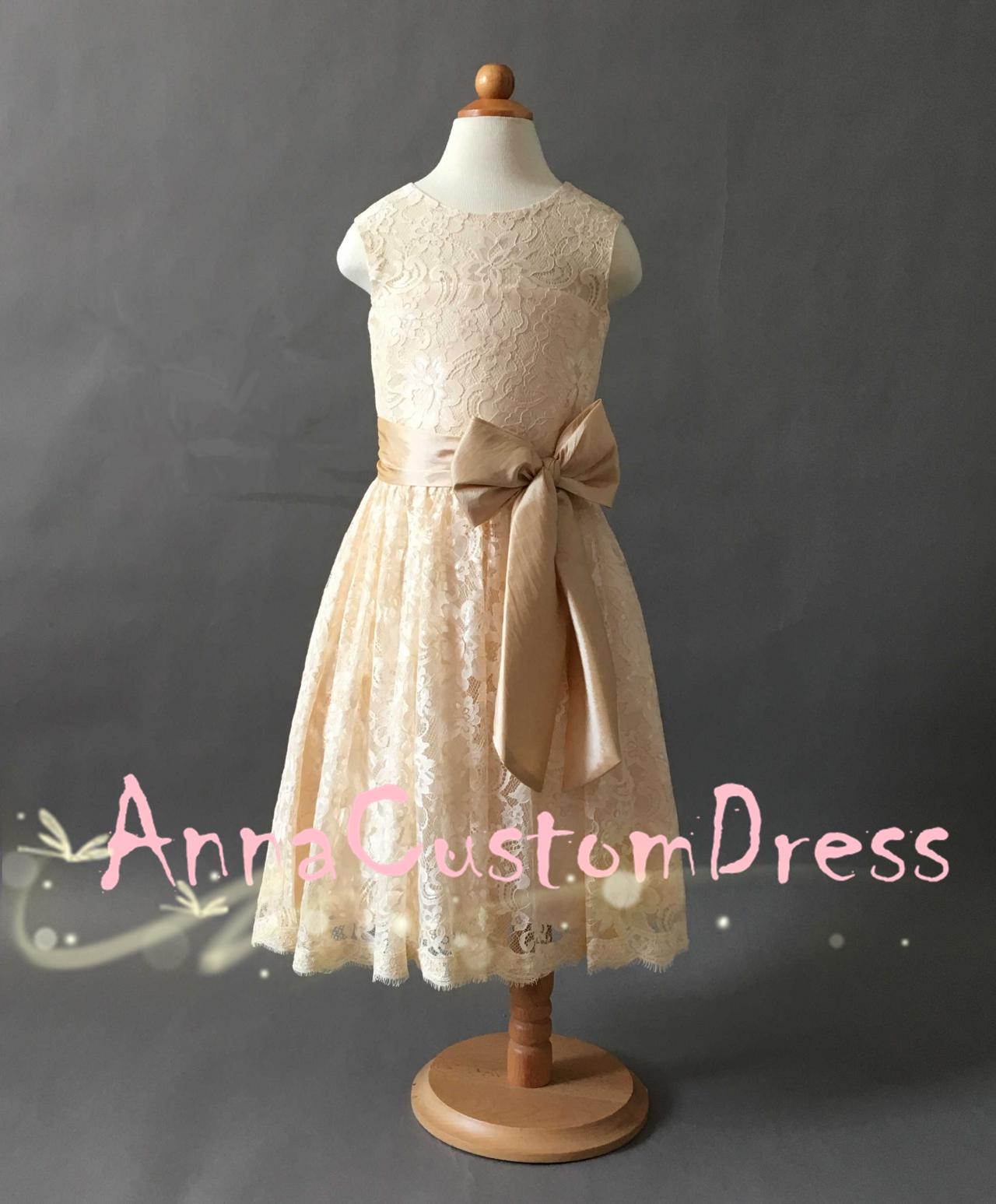 Scoop Ankle-length Champagne Lace Flower Girl Dress With Champagne Sash