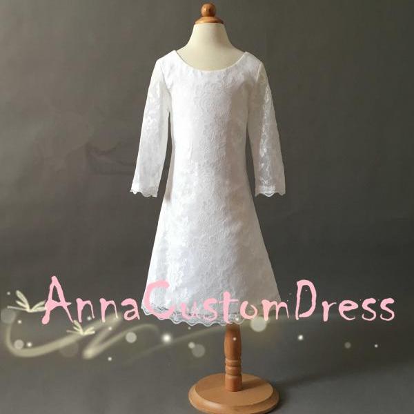 Long Sleeves Knee-length Ivory Lace Flower Girl Dress