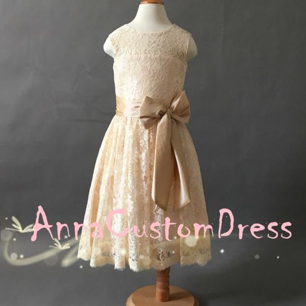 Scoop Ankle-length Champagne Lace Flower Girl Dress with Champagne Sash